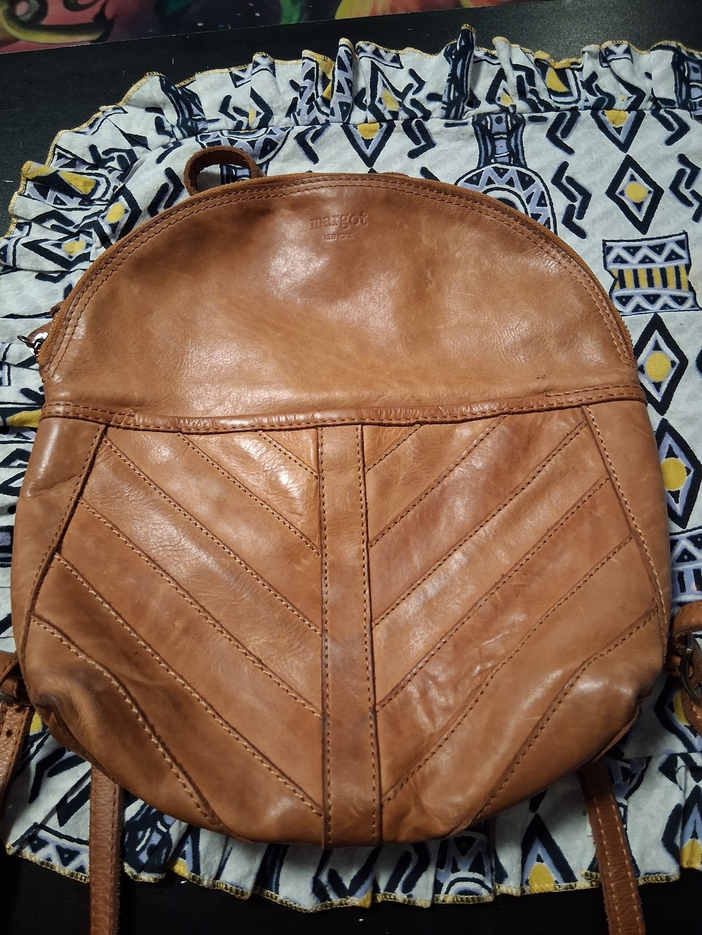 margot Tan Leather Round Mini Backpack with Chevron Stitch